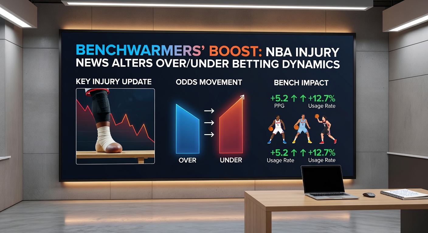 Grafiek met NBA over/under lijnen die dalen na blessureaankondigingen, illustrerend de impact op betting markten