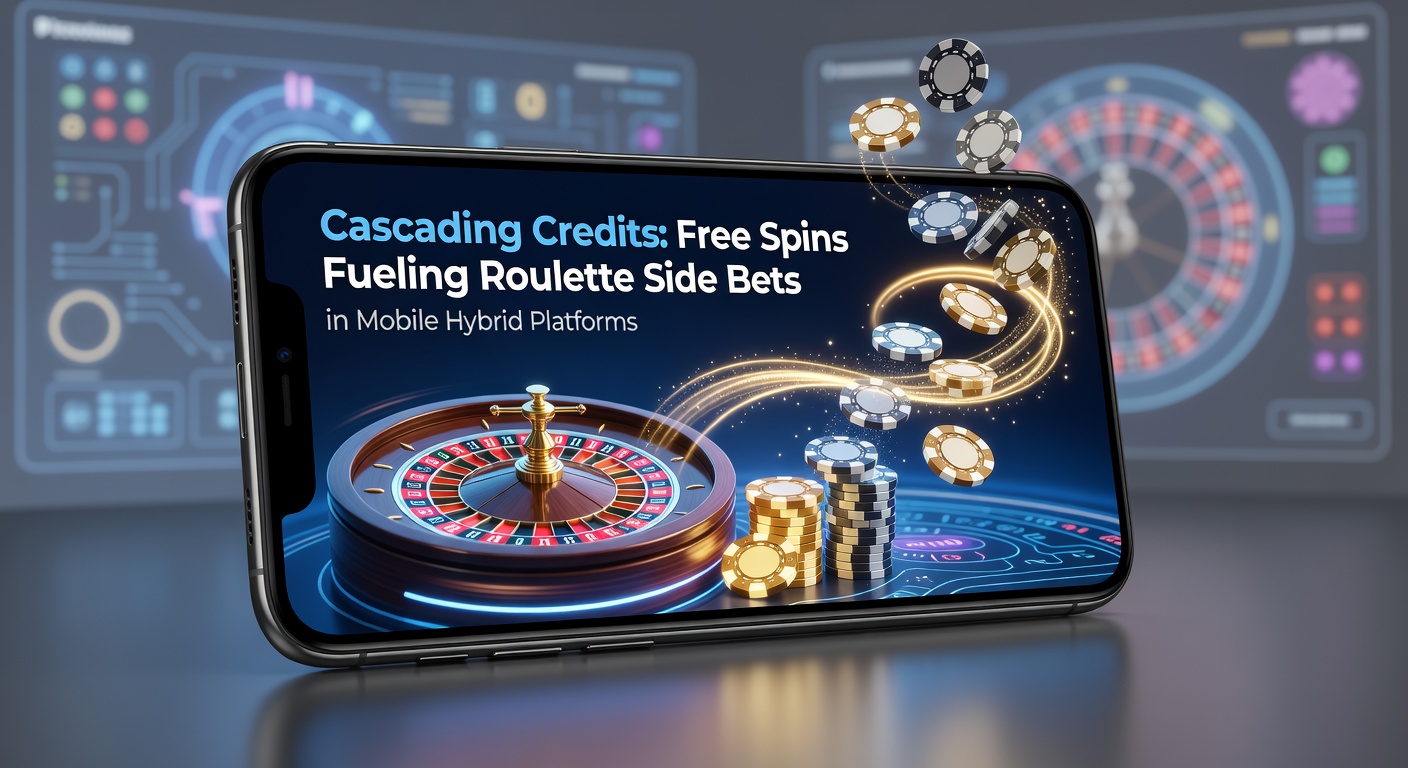 Schermafbeelding van een mobiel hybride casino platform met cascading credits die gratis spins activeren voor roulette side bets, inclusief vallende symbolen en draaiende wielen
