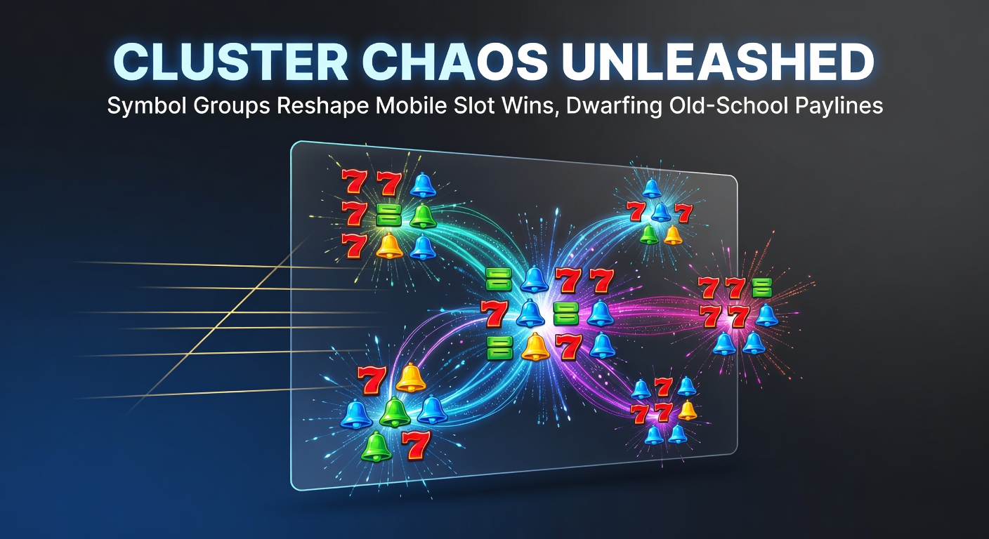 Schermafbeelding van een mobiele slot met chaotische symboolclusters die wincombinaties vormen op een touchscreen
