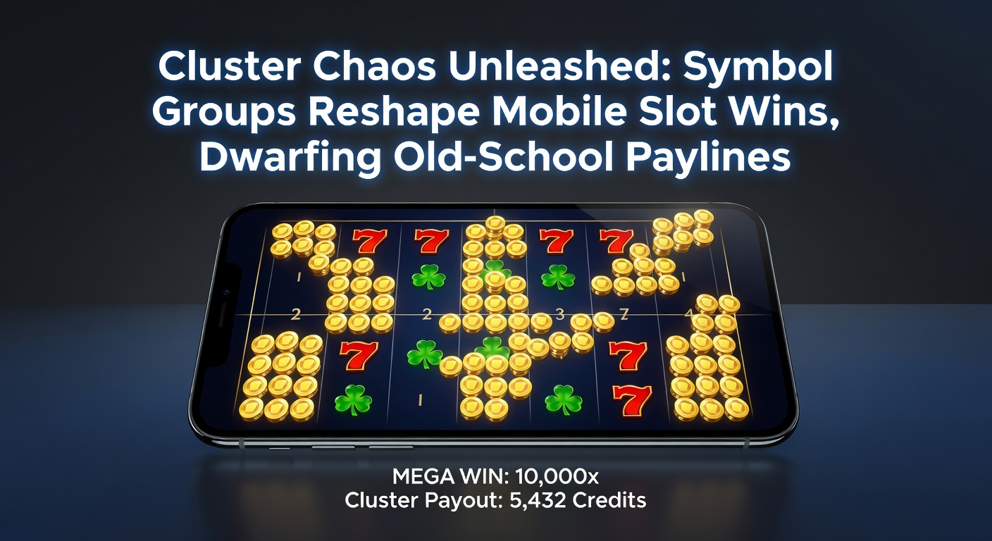 Dynamische weergave van een cluster pay-winst op een mobiel scherm, met exploderende symbolen en vallende nieuwe iconen