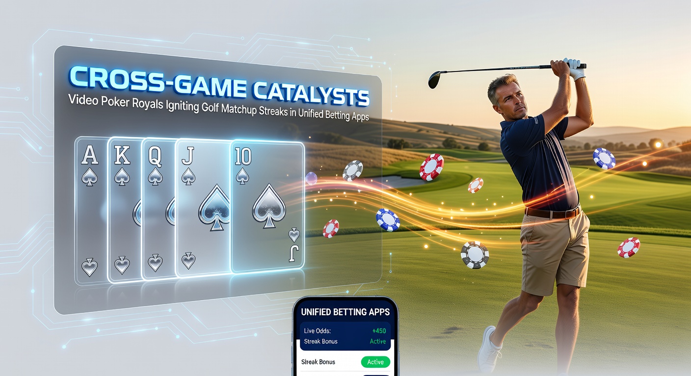 Schermafbeelding van een unified betting-app met video poker royal flush en golfmatchup-streak activerend