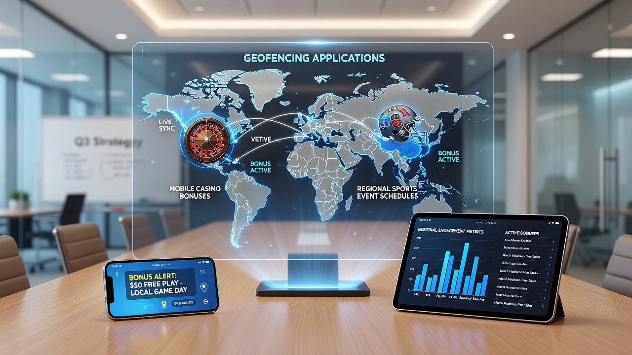 Kaartweergave van geofencing zones rond sportlocaties met actieve bonusmeldingen