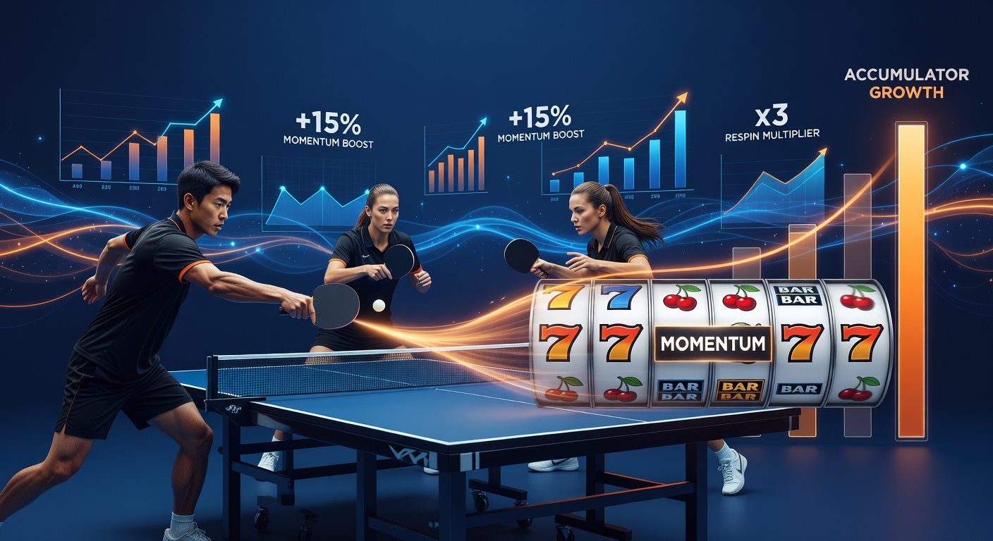 Speler viert tafeltennisoverwinning terwijl slotrollen draaien in een unified platform