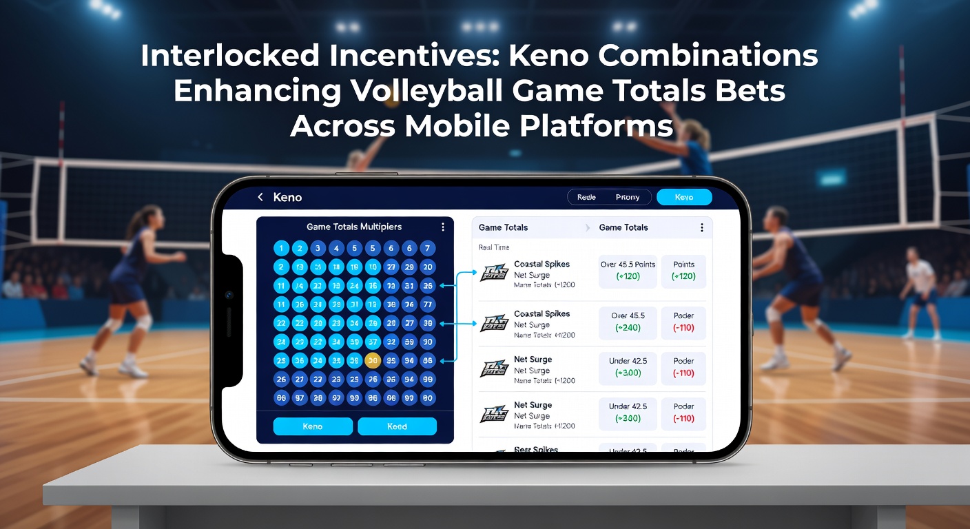 Grafiek met voorbeelden van Keno winpatronen die volleybal over/under totalen activeren op een smartphone-scherm, inclusief live odds en bonus overlays