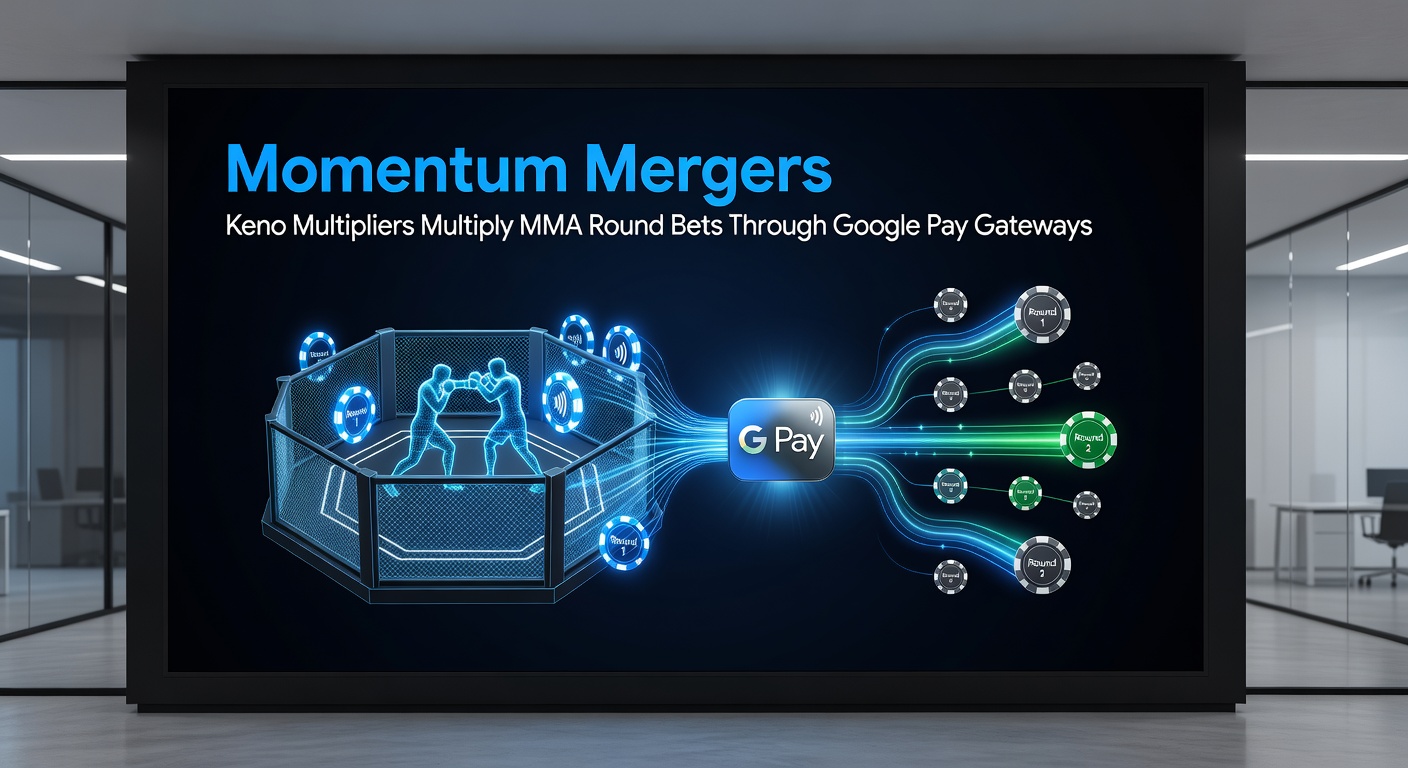Actie-shot van een MMA-gevecht met overlay van ronde-bets en Keno-multipliers, geïntegreerd in een Google Pay-betaalscherm op mobiel