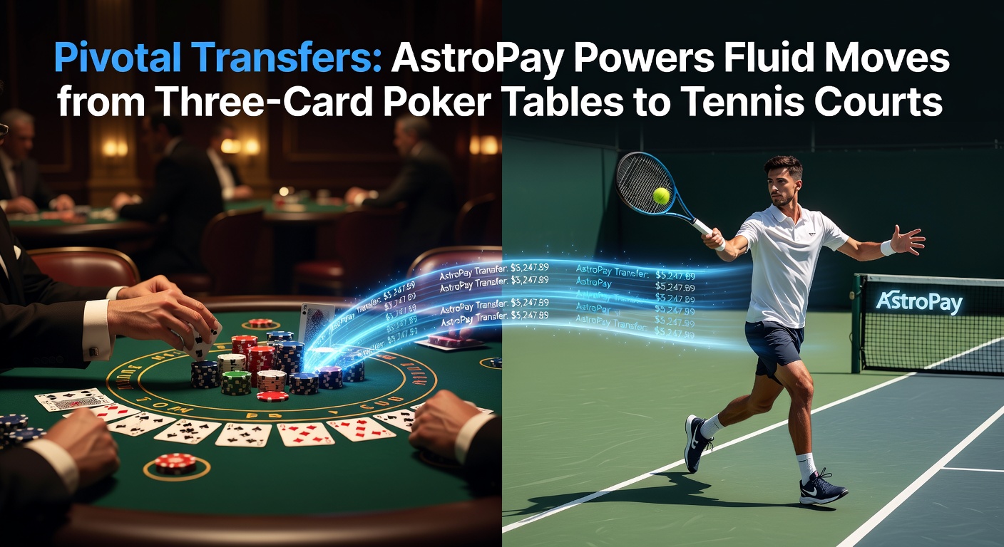 AstroPay-logo met driekaartenpoker-kaarten en een tennisbaan op de achtergrond, symboliserend soepele transfers tussen casino en sportweddenschappen