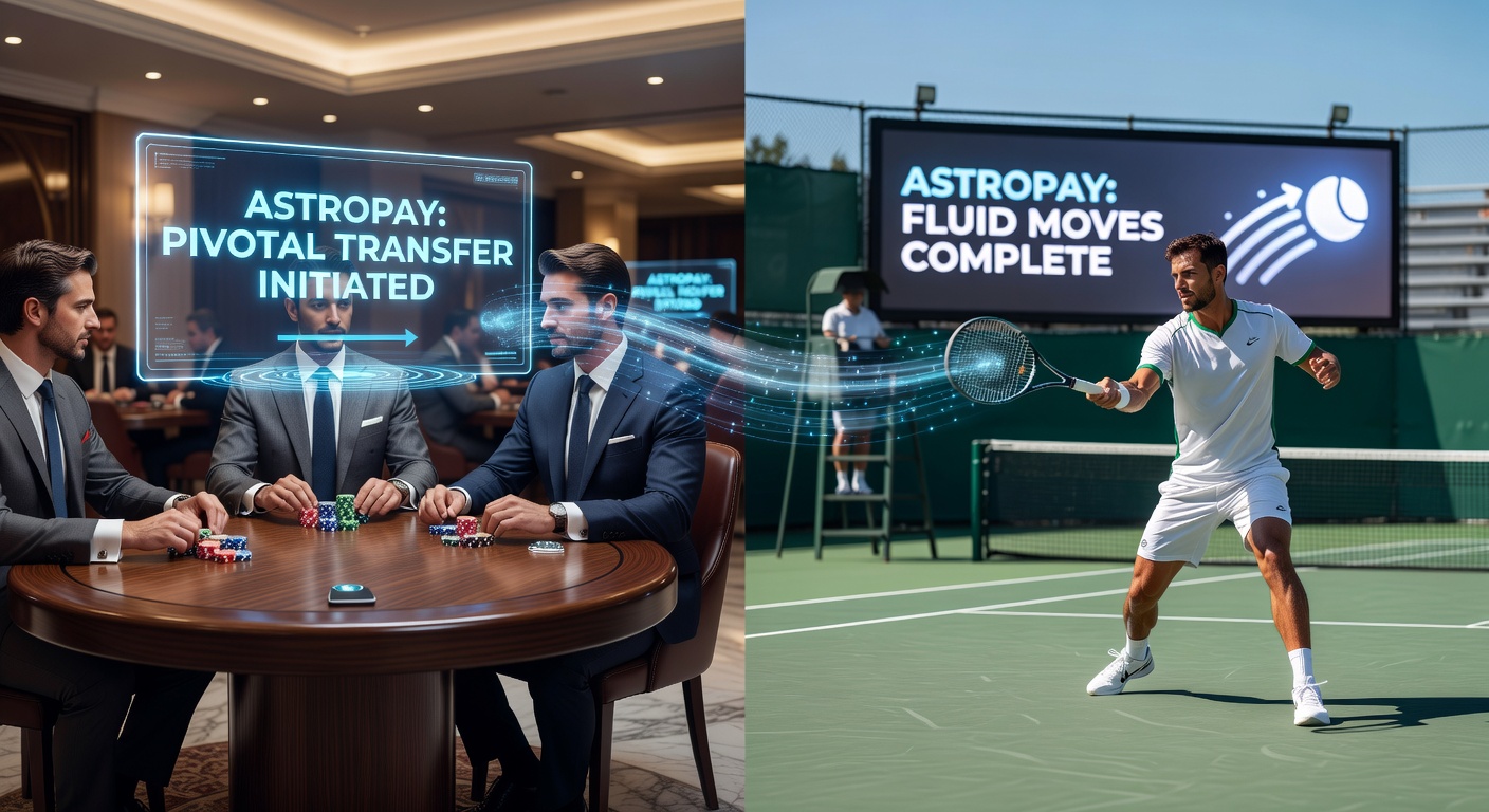 Schermafbeelding van een AstroPay-transactie die credits van driekaartenpoker overhevelt naar een tennisweddenschap, met live odds zichtbaar