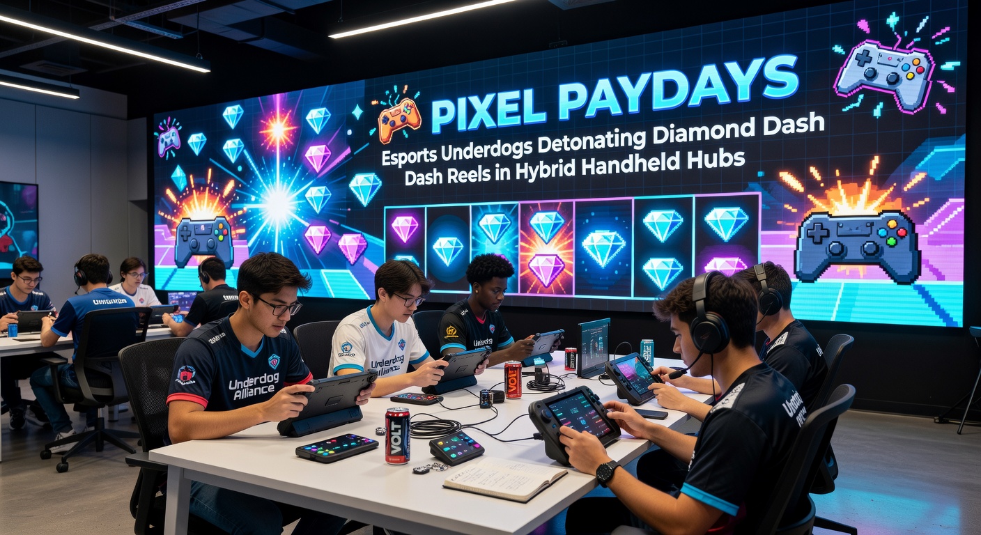 Close-up van een hybride mobiele app-interface met live esports-wedstrijd en exploderende Diamond Dash-diamanten die winsten uitbetalen