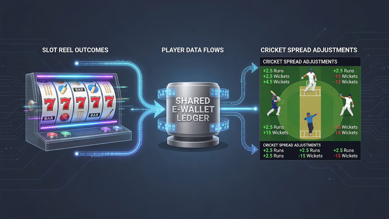 Diagram van e-wallet ledger die slot- en cricketdata verbindt