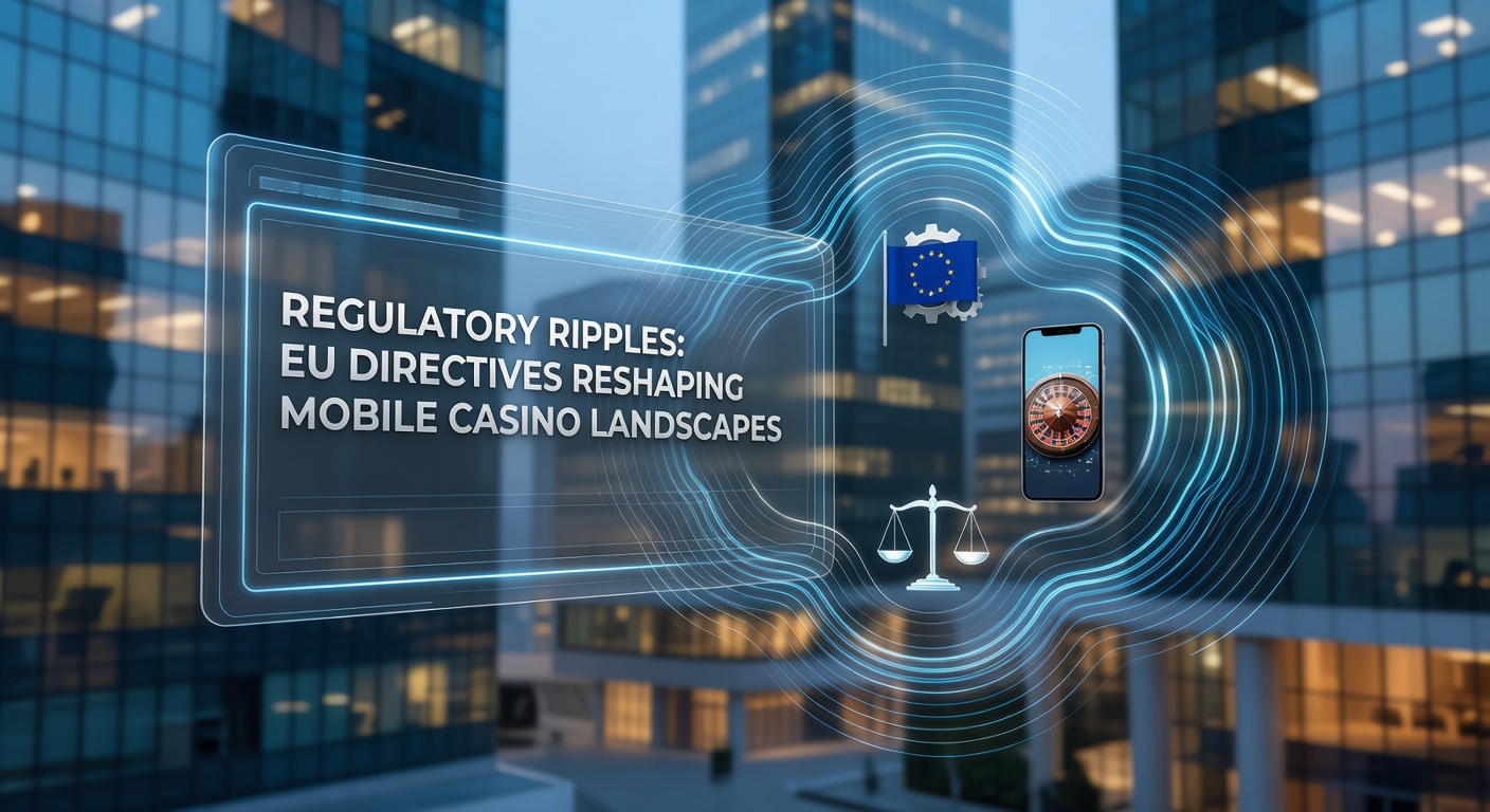 Europese vlag met mobiele casino apps en regelgevende documenten op een achtergrond van digitale golven