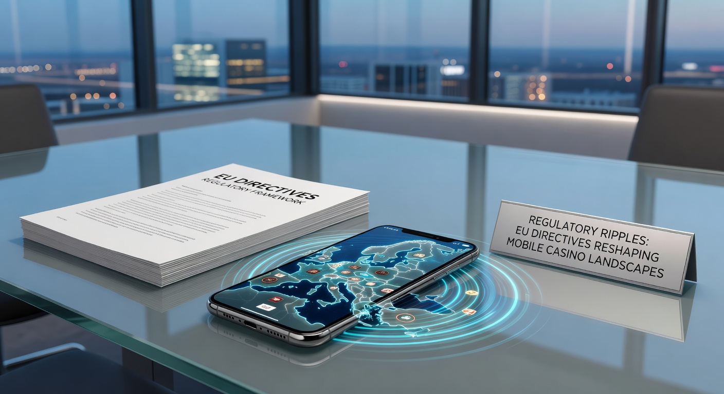 Grafiek met stijgende compliance kosten en dalende risico-transacties in de EU mobiele gokmarkt, met iconen van EU-vlag en casino-apps