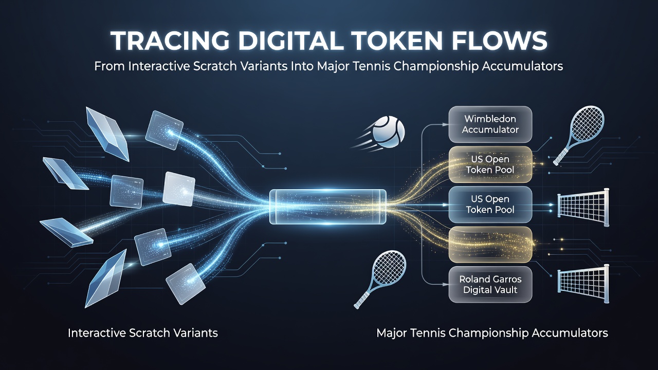 Illustratie van digitale tokenstromen in online gokplatforms die scratch games verbinden met tennisweddenschappen