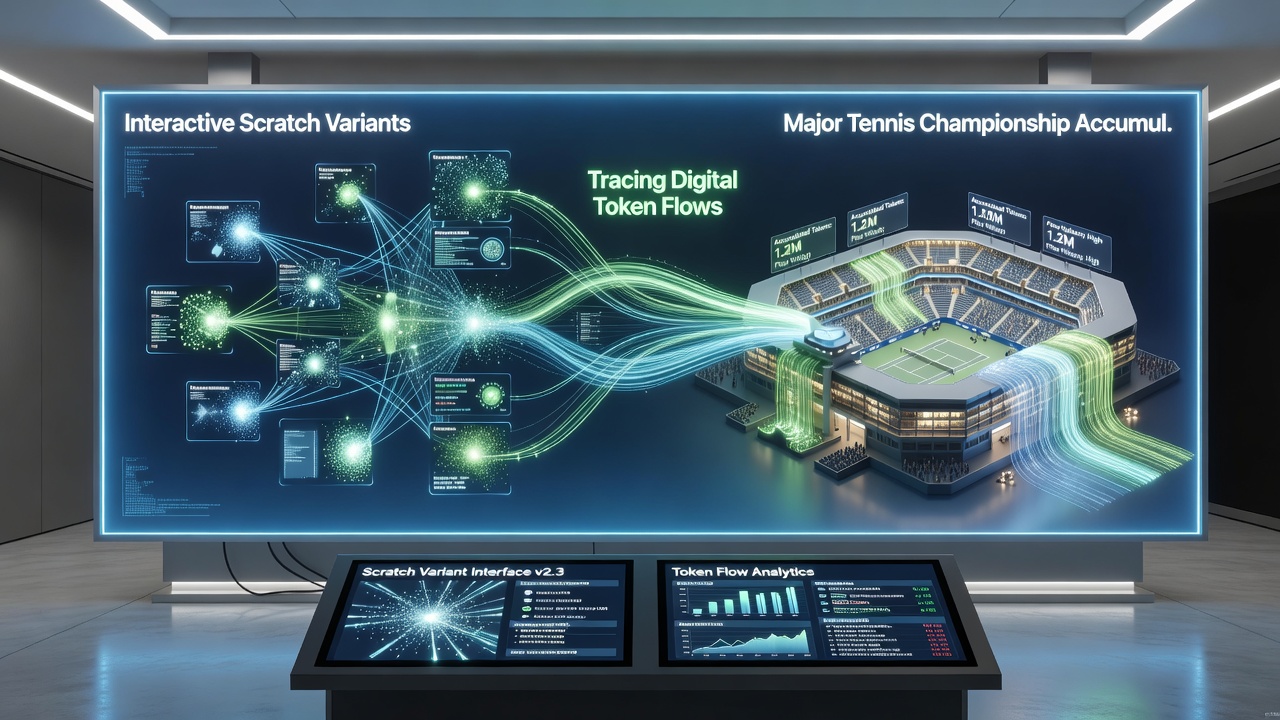 Diagram van tokenbewegingen tussen scratchvarianten en tennisaccumulators in digitale platforms