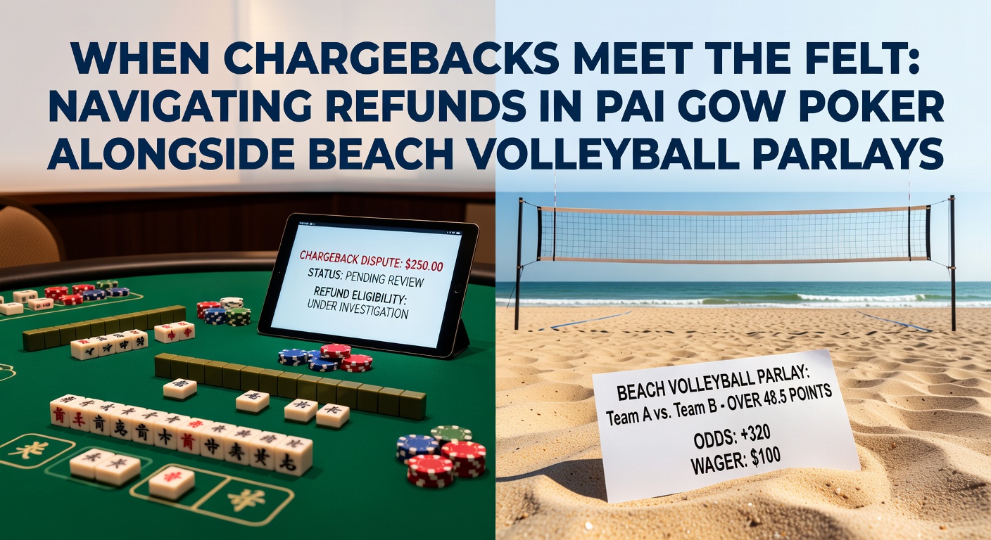 Een digitale speeltafel met Pai Gow Poker kaarten en beachvolleybal actie op de achtergrond, symboliserend chargeback-processen in online gokken
