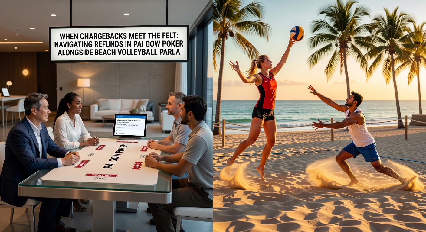 Beachvolleybal spelers in actie tijdens een parlay-wedstrijd, met overlay van Pai Gow Poker chips en chargeback iconen voor een dynamische weergave van gecombineerde gokrisico's